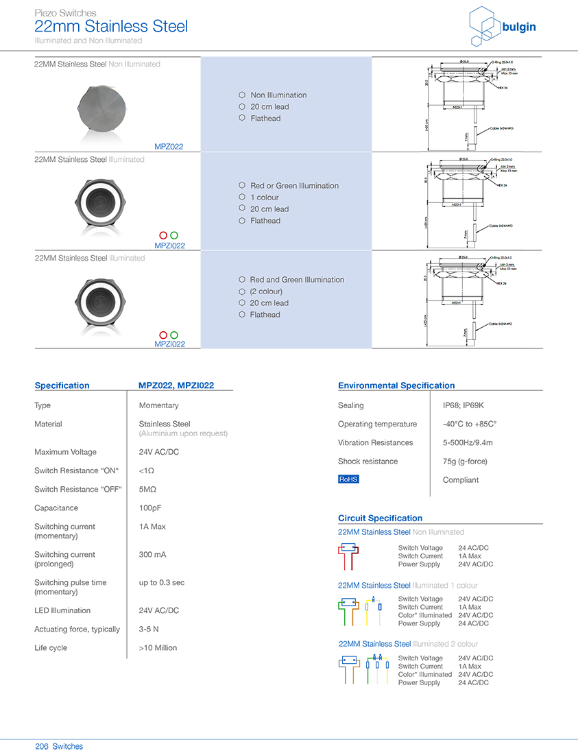 MPZ022不銹鋼Piezo開關規格尺寸