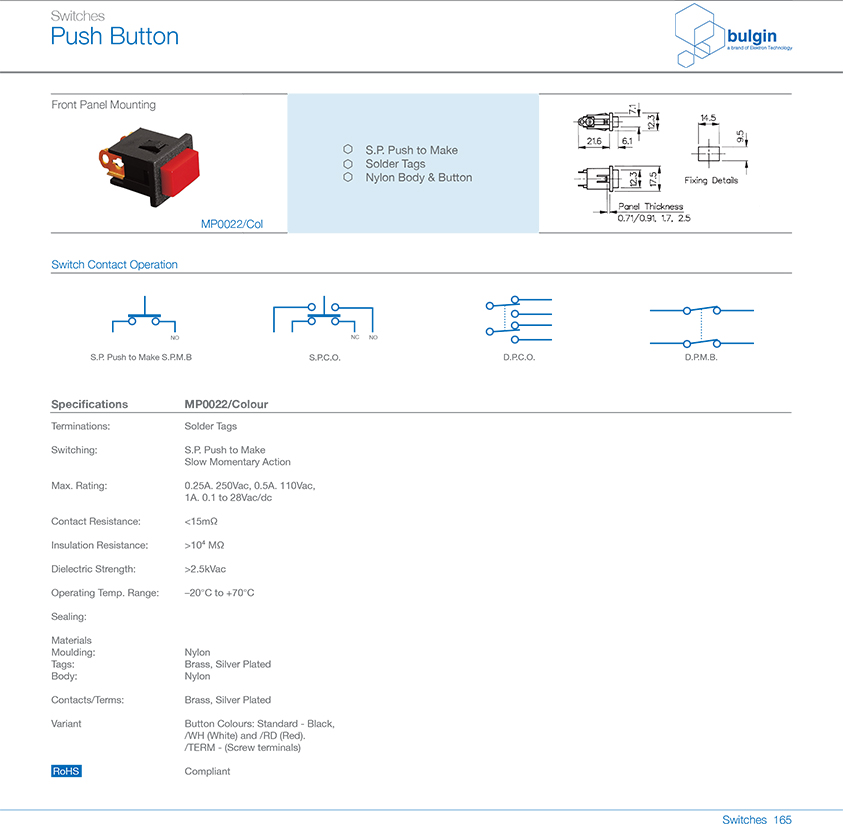MP0016系列后面板安裝按鈕開關技術參數