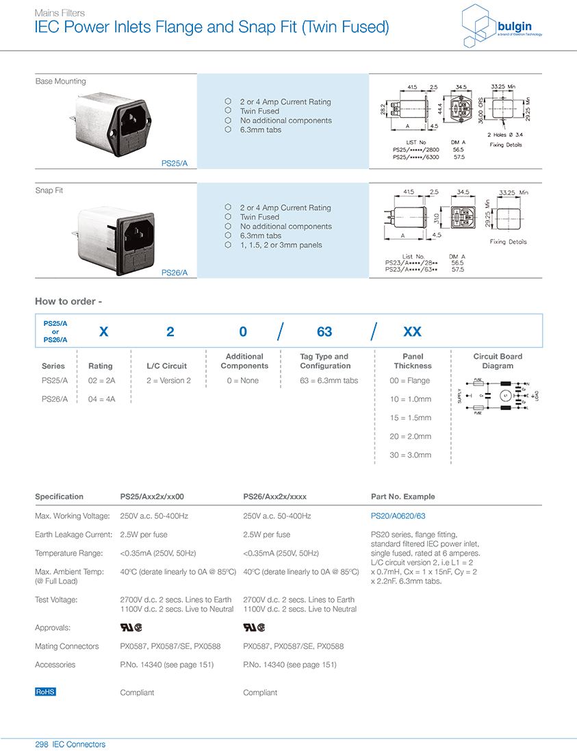 PS26-A帶整體式雙保險(xiǎn)絲的帶濾波器型號(hào)