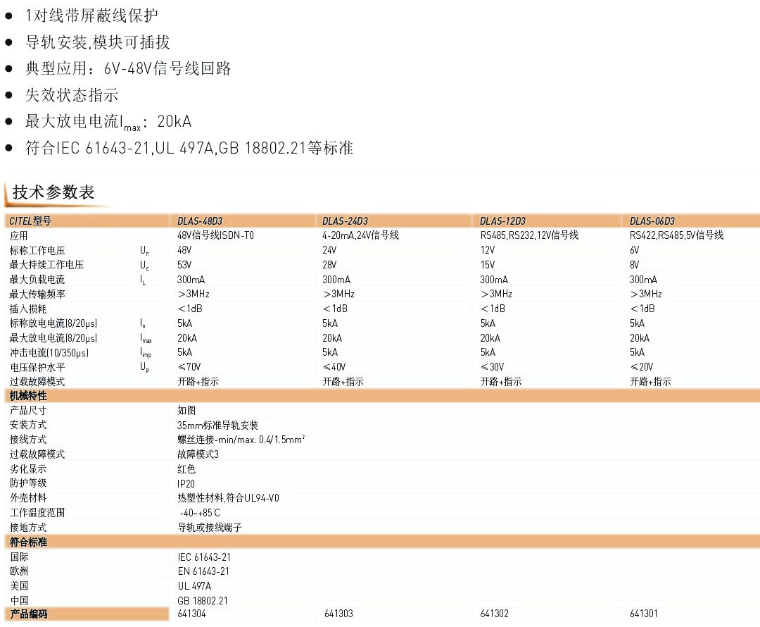 DLC超薄系列信號(hào)防雷器技術(shù)參數(shù) DLC超薄系列信號(hào)防雷器技術(shù)參數(shù)